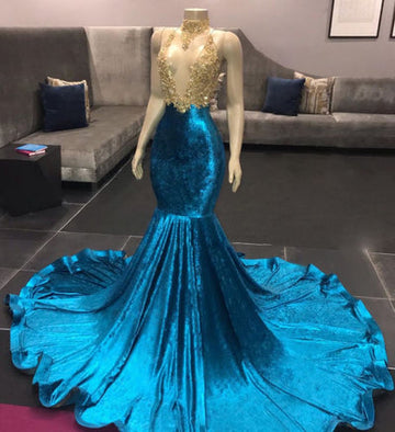 HIGH NECK ILLUSION NECKLINE SLEEVELESS LONG TRAIN APPLIQUES MERMAID PROM DRESS HZ1023